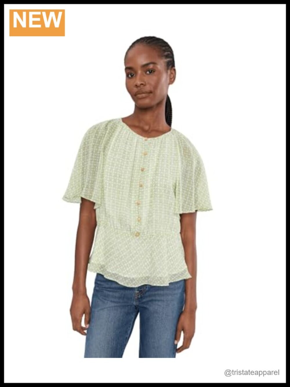 V-Neck Double Ruffle Button-Down Peplum Top Flutter Sleeves Polyester